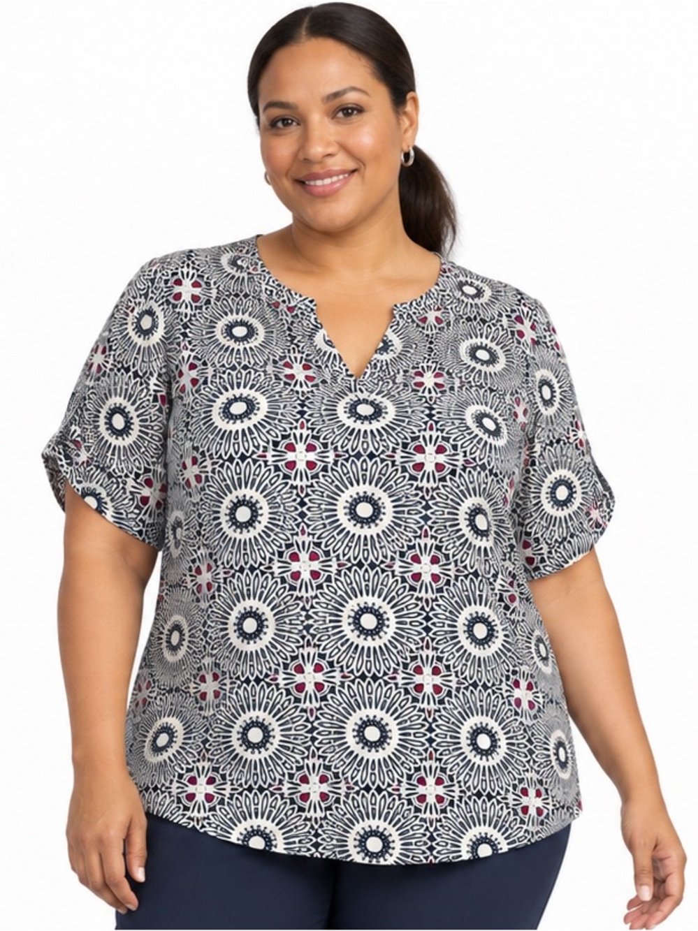 Dress Barn Women's Plus Size Career Dressy Top Blouse Navy/Pink Size 2X